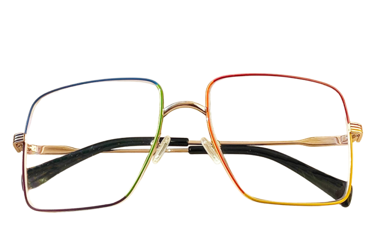 Folded pair of gold-rimmed glasses with rainbow-coloured edging