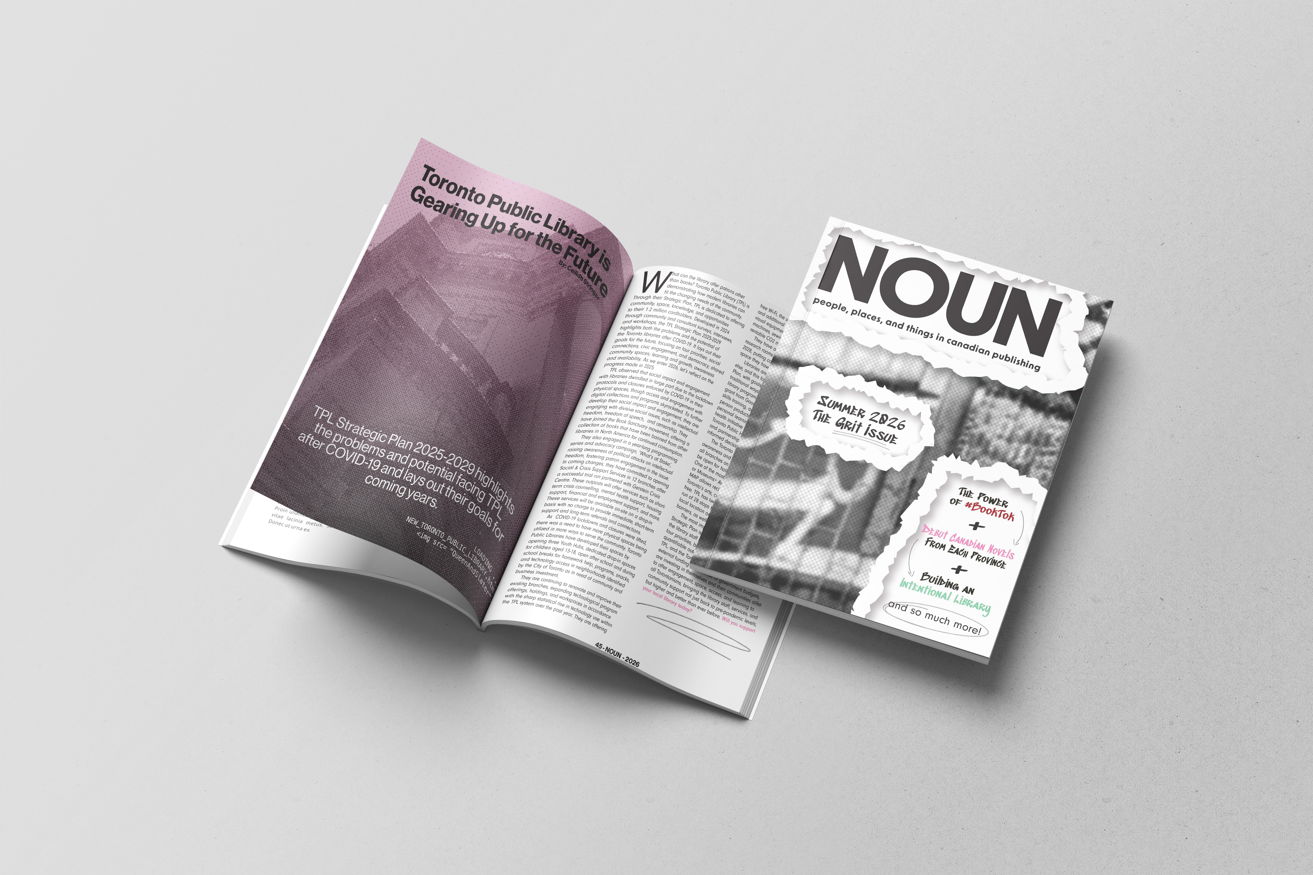 Two copies of NOUN Magazine, one opened to show a magazine page spread, and one featuring the Summer 2026-Grit cover.
